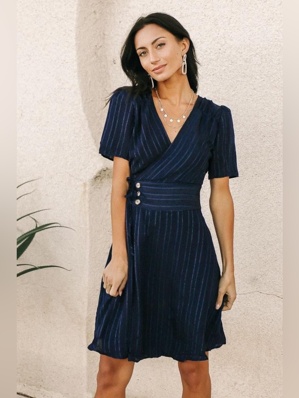 Bohme | Navy Wrap-Style Short Sleeve Dress